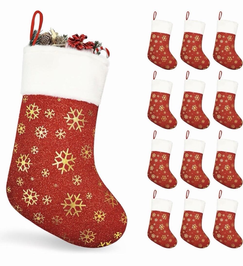 12pcs Christmas Stockings, 18” Christmas Stockings Bulk with Golden Snowflakes